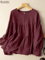 ZANZEA Autumn Vintage Long Sleeve Shirt Woman Casual Cotton Blouse Female O-Neck Solid Blusas Stylish Button Cuffs Chemise 2023 - Image 2