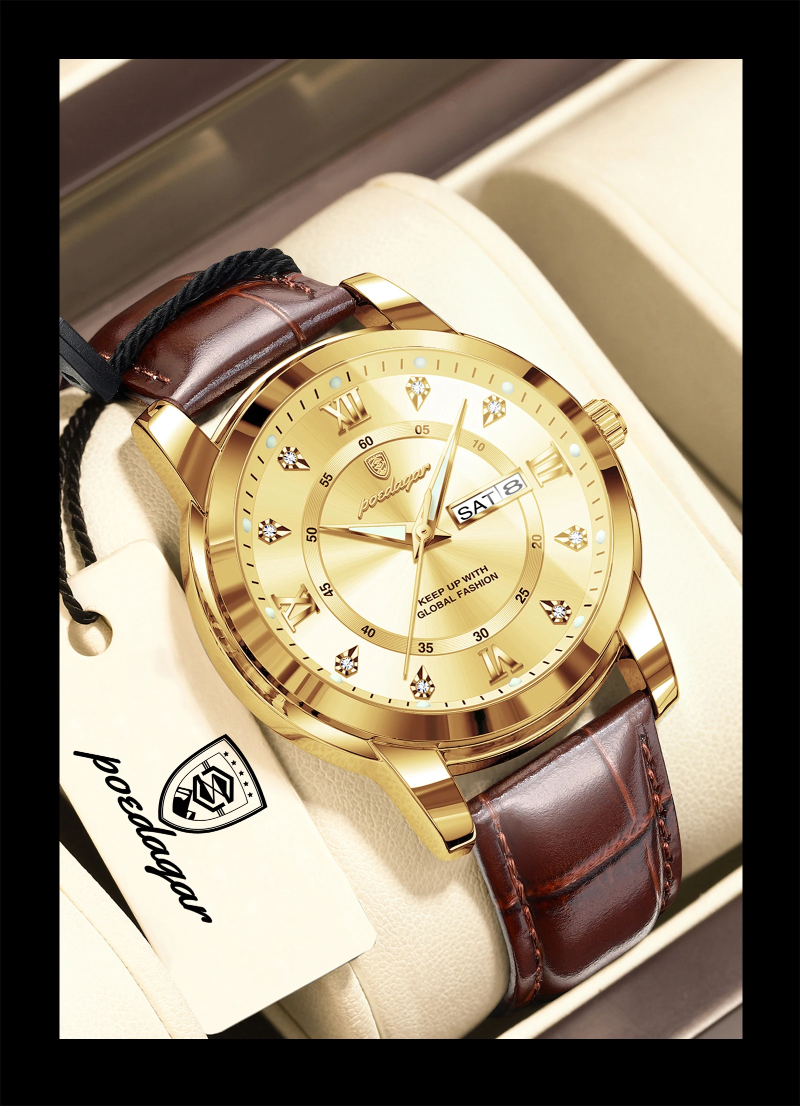 POEDAGAR Luxury Business Male Clock Date Week Waterproof Luminous Gold Men Wristwatch Casual Fashion Quartz Men's Watches Reloj