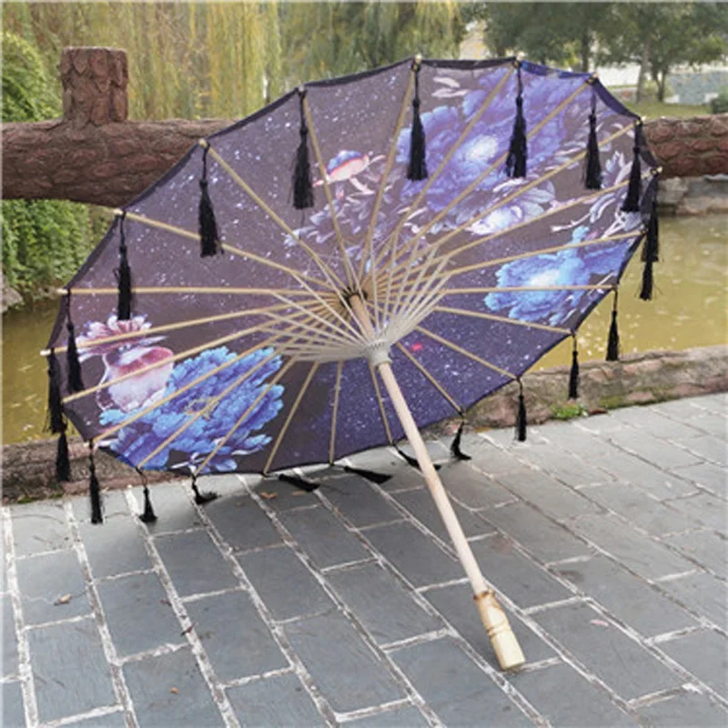 Satin Cloth Umbrella, Women's Photography Props Chinese Knot Pendant Tassel Gauze Classical Oil Paper Umbrella Parasol, 1Pc