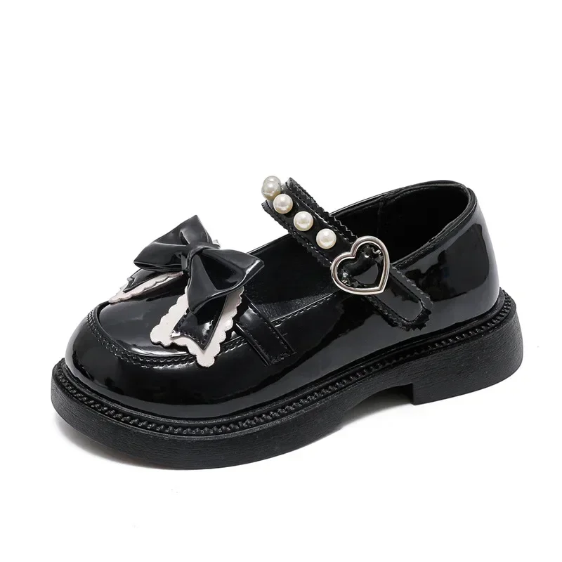 Girls Princess Leather Shoes Spring Autumn Black Children's Flats Fashion Sweet Kids Bowknot Mary Jane Shoes Glossy Thick Bottom