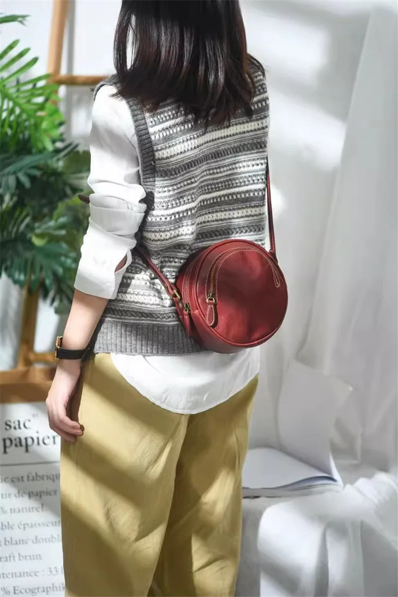 PNDME Casual Designer echtes Leder Damen runde Umhängetasche einfache hochwertige natürliche echte Rindsleder Frauen Umhängetasche – Detail 14