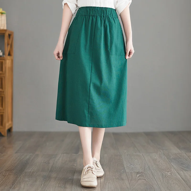 a line skirt Cotton Linen Skirt Women's Long Section 2022 New High Waist Skirt A-Line Linen Skirt Elastic Waist A-Line Skirt Skirts Womens black pleated skirt Skirts