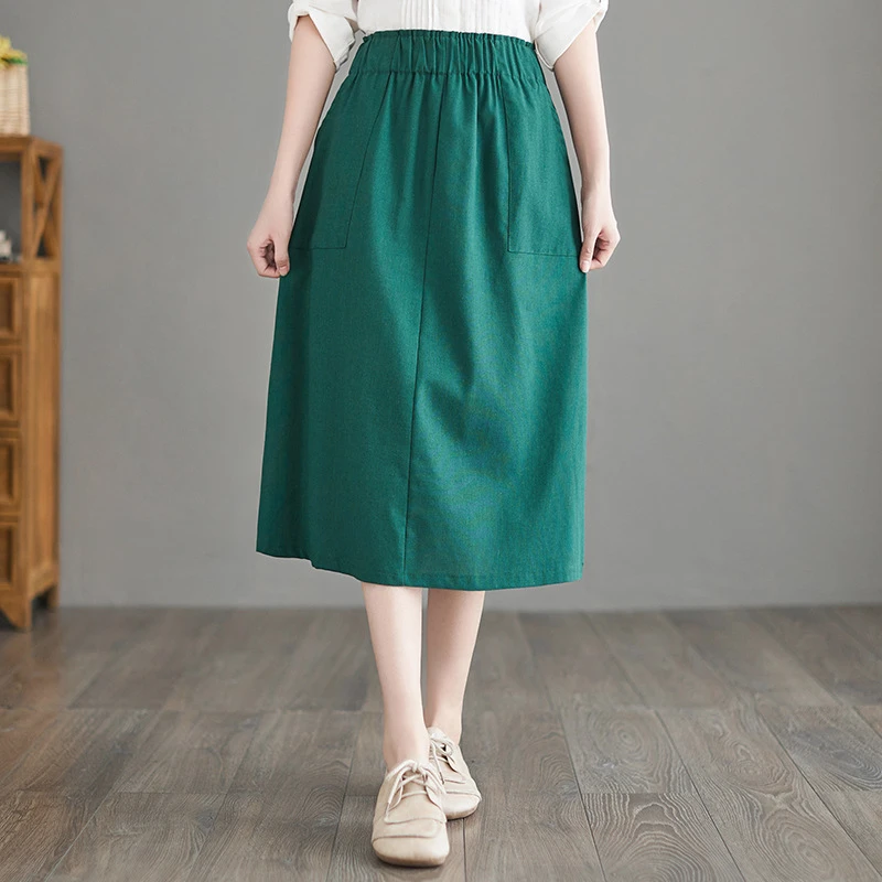 a line skirt Cotton Linen Skirt Women's Long Section 2022 New High Waist Skirt A-Line Linen Skirt Elastic Waist A-Line Skirt Skirts Womens black pleated skirt