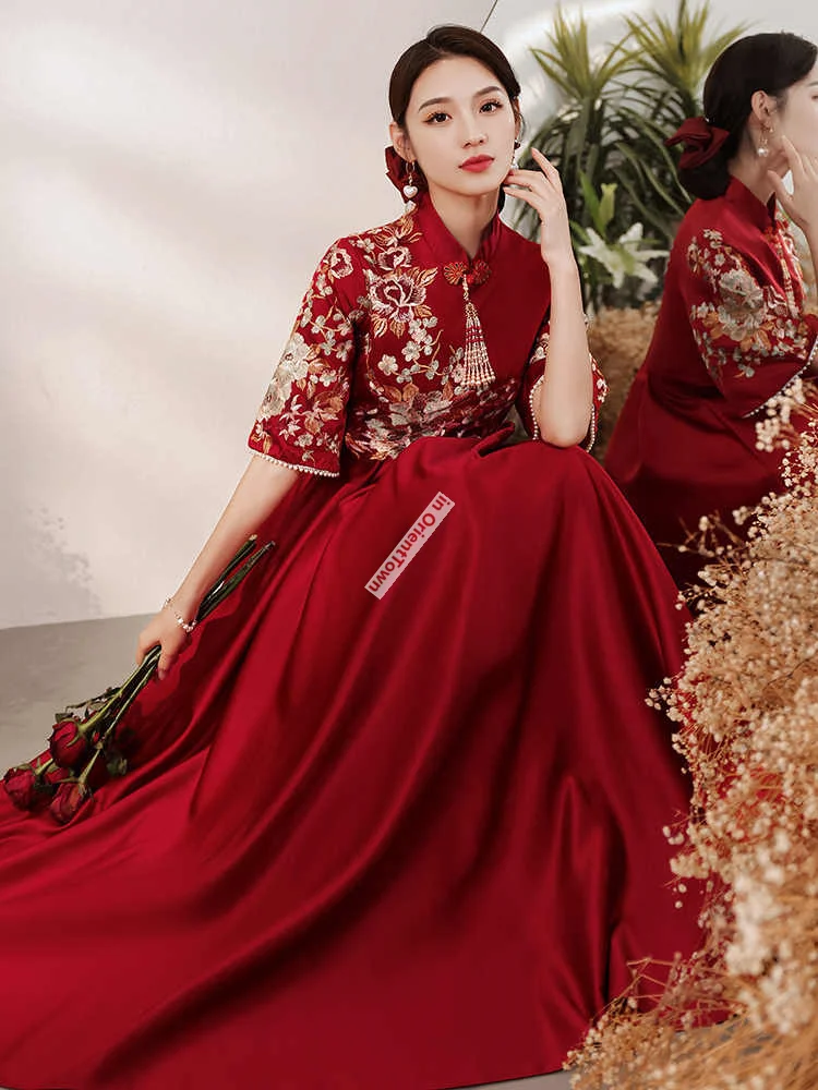 Eastern Asian Qipao Pregnant Woman's Toast Dress Bride Summer Wedding Engagement Dresses Hide Cover Big Belly Cheongsam Apparel