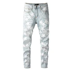Best Sellers Men's Distressed Streetwear Light Blue Denim Pants Leather White Stars Patchwork Moustache Holes Ripped Jeans Pants