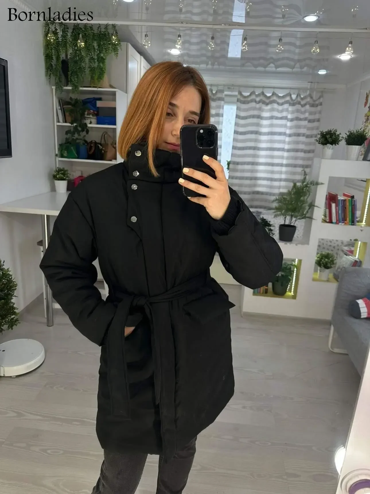 Bornladies Quilted Jacket Women Winter Loose Parkas Coat Vintage Belted Outwear Office Ladies Warm Cotton Puffer Jackets