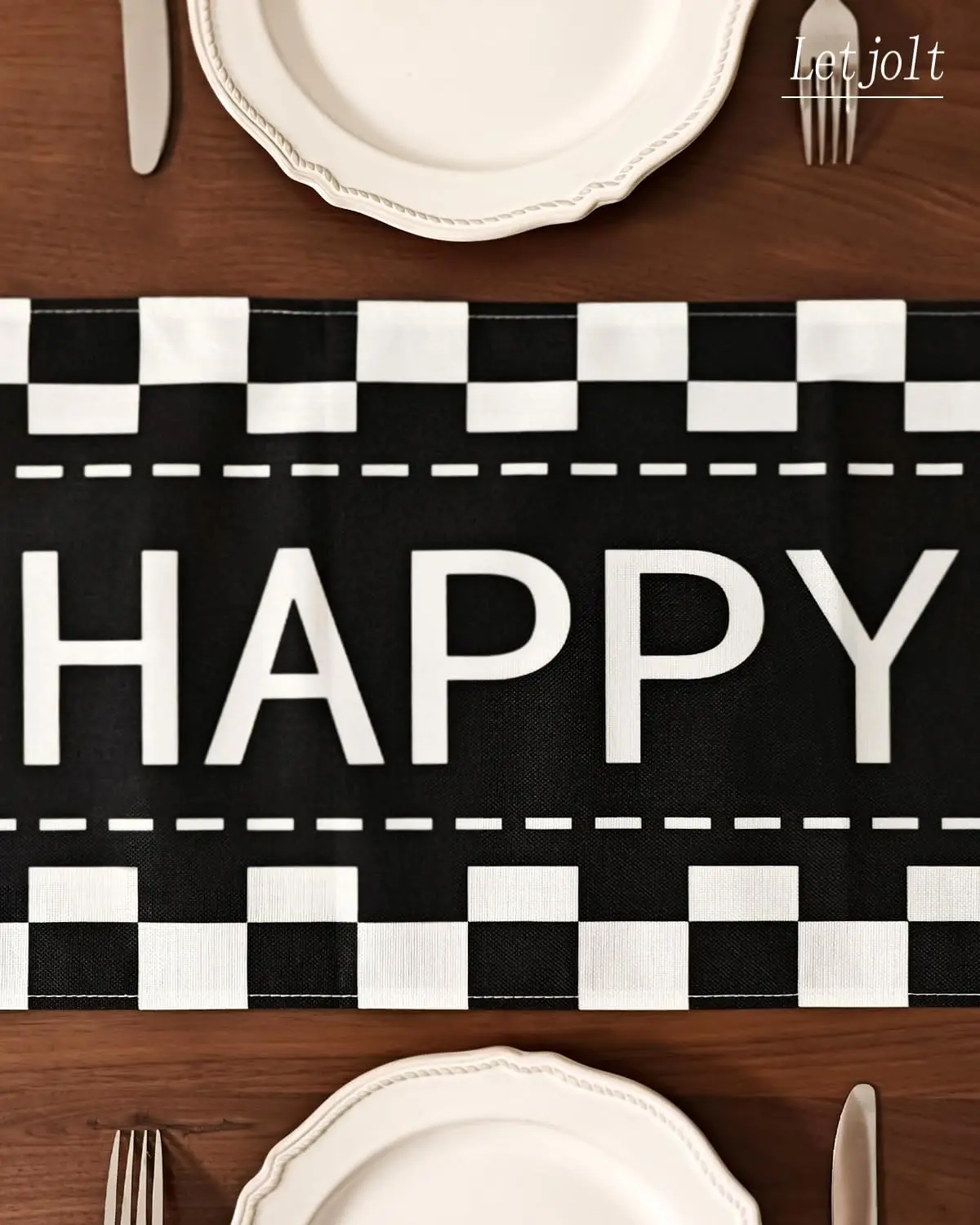 Happy Birthday Black White Checkerboard Linen Table Runner Party Decor Racing Theme  Dining Table Runner Birthday Decorations 3