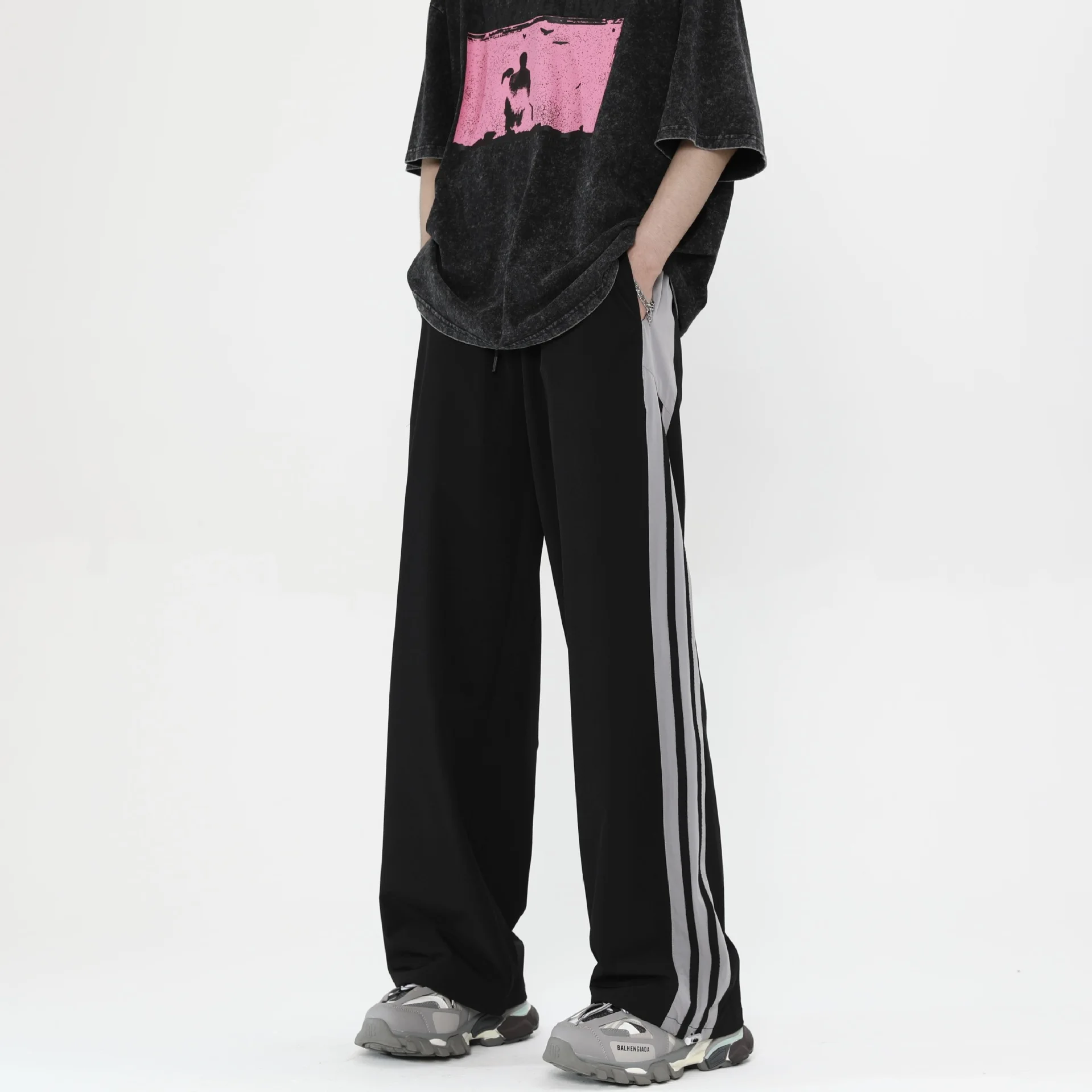 Contrasting Colors Patchwork Striped Men Spring Fashion High Street Wine Red Straight Cylinder Quick Drying Casual Trousers