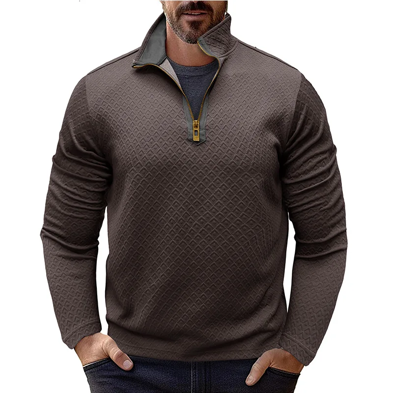 Stilvolle Herren-Langarm-T-Shirts mit halbem Reißverschluss, Henley-Kragen, Rautenmuster, trendig, dunkelgrau, lässig, Outdoor-Kleidung – Detail 32