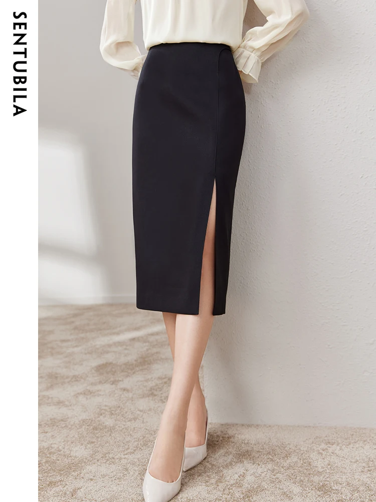 SENTUBILA Women's Pencil Skirt 2023 Autumn Temperament Black Office Ladies Business A-Line Skirt Zipper Slit Design 133Q49617 summer new retro dress ladies v neck slim single breasted slim mid length puff sleeve denim fishtail dress temperament fairy