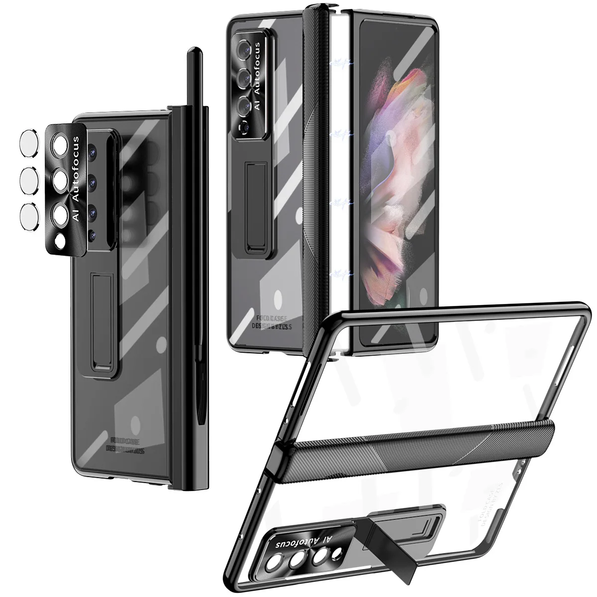 

Suitable for Samsung Z Fold5 4 3 phone case magnetic double hinge folding protective case electroplated lens film leather case