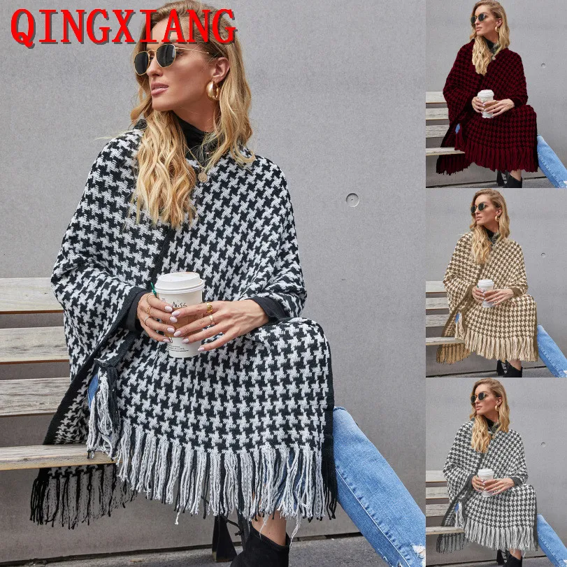 Autumn 2022 Knitted Women Fashion Out Streetwear Shawl Tassel Black White Houndstooth Poncho Capes Winter Loose Long Cardigan houndstooth men suits white