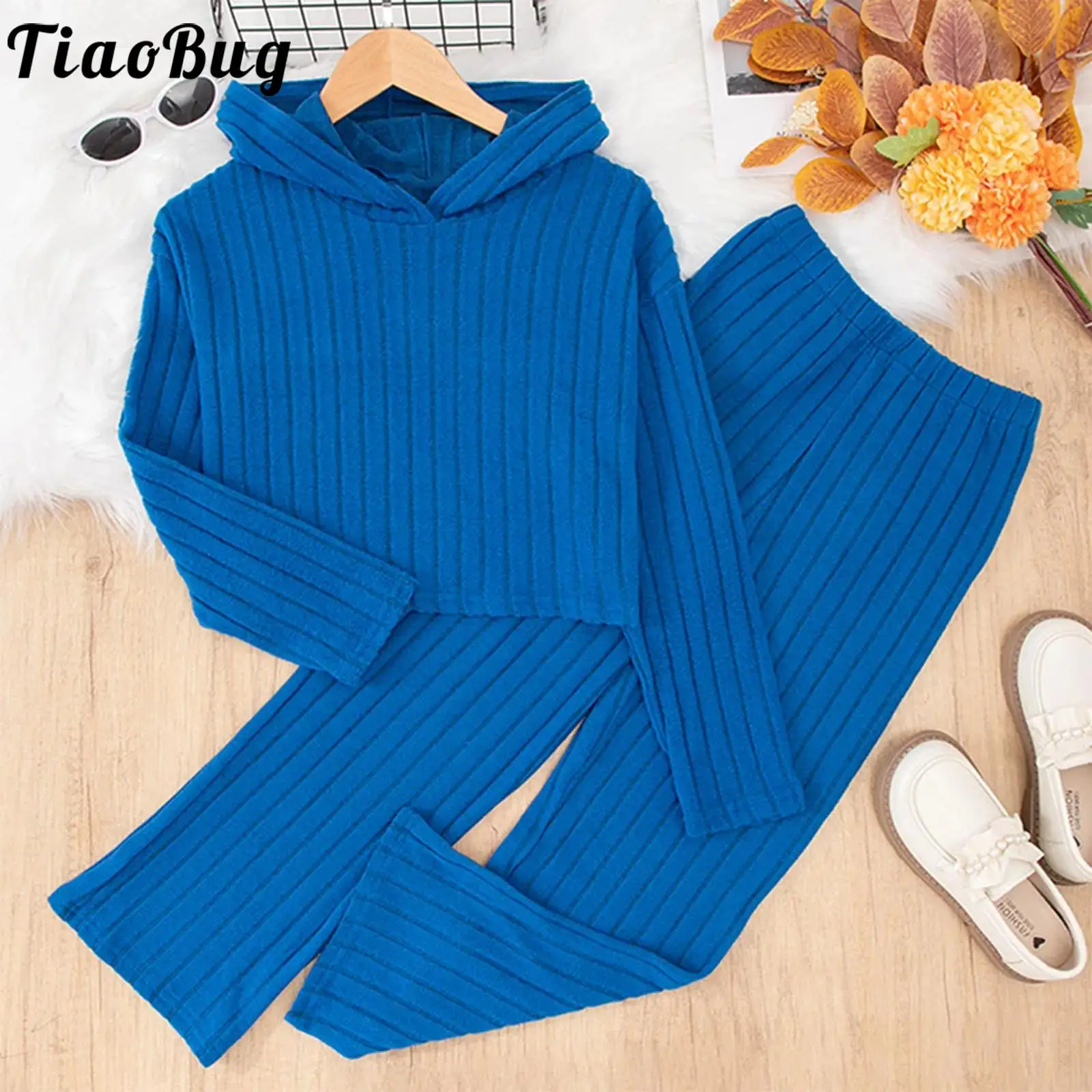 

Hot Autumn Kids Girls Casual Striped Outfit Solid Color Loungewear Long Sleeve Hooded Sweatshirt with Wide-Leg Pants for Workout