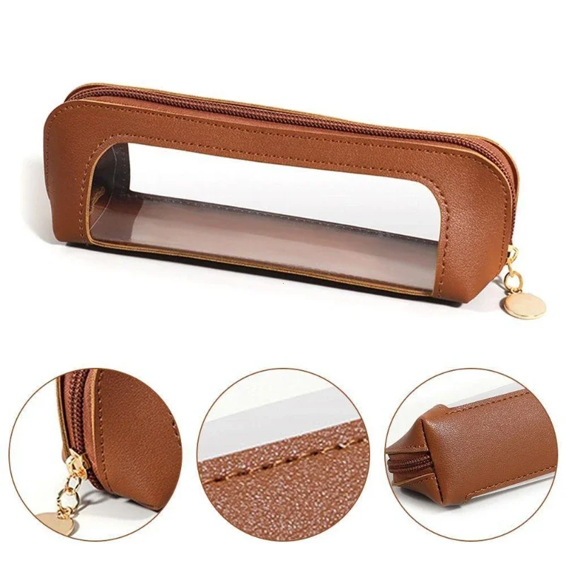 PU Pencil Case Portable Waterproof Transparent Cosmetic Bag Zipper Makeup Brush Storage Bag Sundries Organizers Stationery Gifts