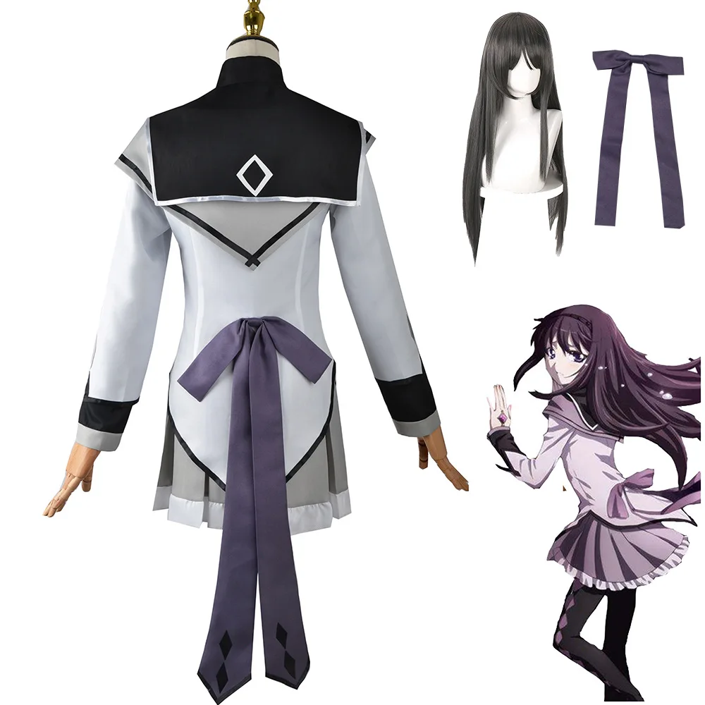 

Ainime Puella Magi Madoka Magica Cosplay Akemi Homura Cosplay Costume Short Skirt Jk Uniform with Bowknots Wig Halloween Party