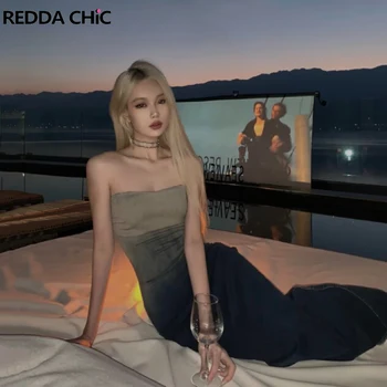 ReddaChic 뷔스티에 코르셋 드레스, 롱 미디 부티 데님 원피스 이브닝 드레스, 그라데이션 민소매 파티 의상, 2023 여름 신상