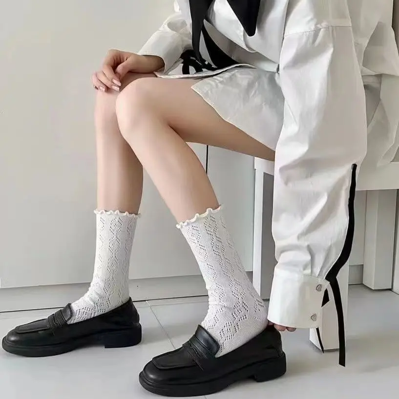Autumn Women's Socks Lace Trim Hollow-Out Mesh Breathable Slouch Solid Color Instagram Style