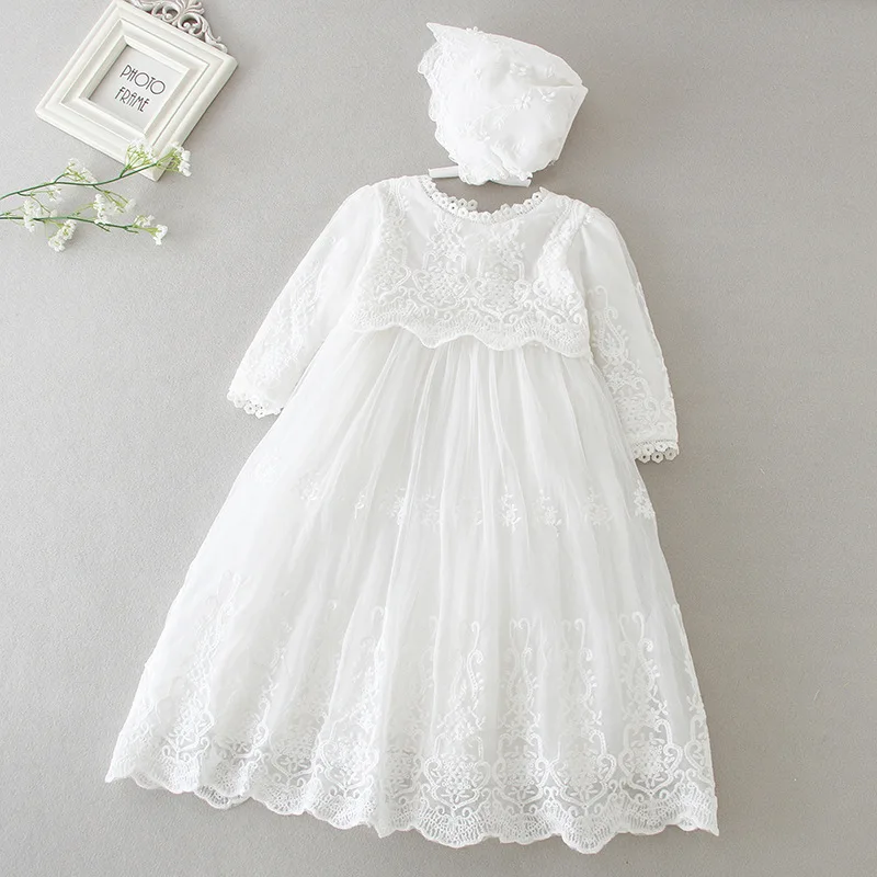 Abiti per Neonata, Vestito da Battesimo per Bambina, Abito da Festa a Maniche Lunghe per Compleanno, Vestito Bianco in Pizzo con Cappello 0-24 Mesi - immagine 3