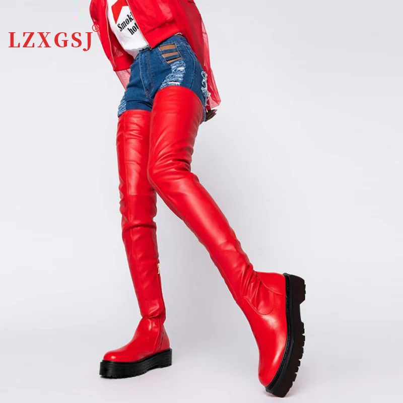 Platform Goth Boots Black Red Thigh High Winter Thick Bottom Low Heels Large Size Long Female Women Shoes | Обувь