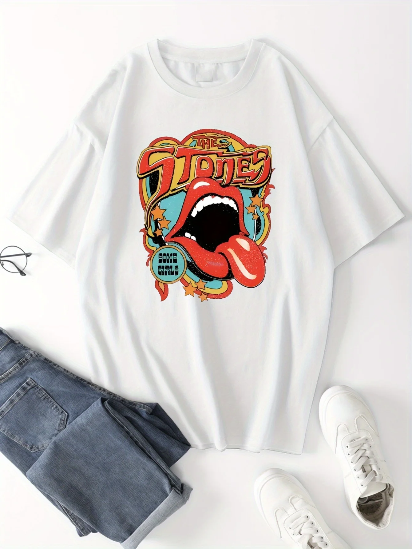 Herren-T-Shirt aus Baumwolle mit Cartoon-Mundmuster, lässige, kurzärmelige Sommer-Sport-T-Shirts