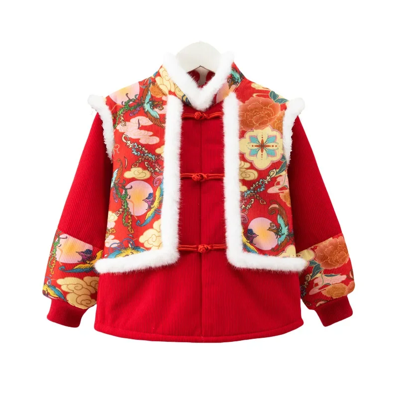 New Year Outfit Children's Autumn Winter Outerwear Greeting Clothes Dirt-Resistant Baby Bib Reversal Clothing Pro