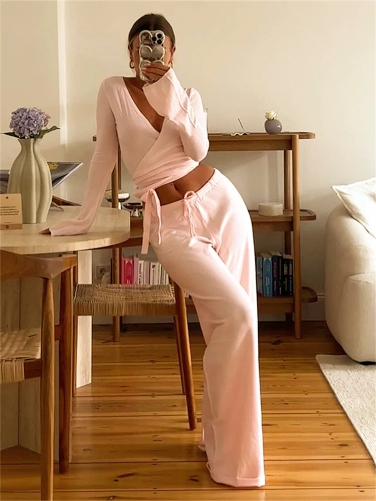 Absobe Autumn Winter Loose Pants Leisure Suit Women Flare Sleeve Crop Cardigan Top Lace-up Solid 2 Piece Set Fashion Outfit 6