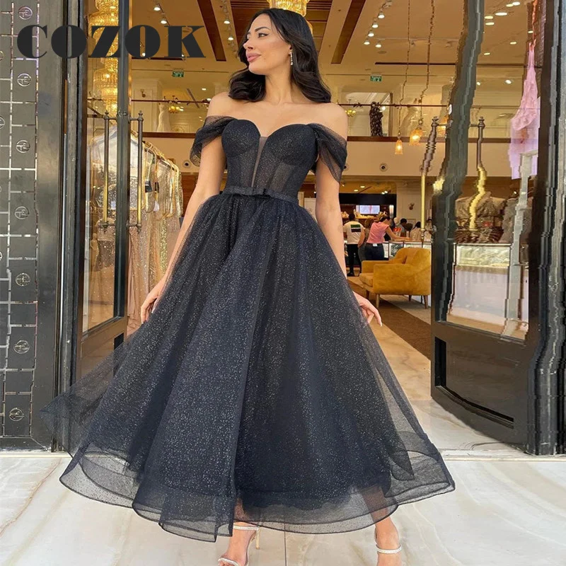 

Simple Sparkly Short Prom Dresses A Line Off The Shoulder Ankle Length Women Formal Party Gowns Vestido De Gala Custom LF25