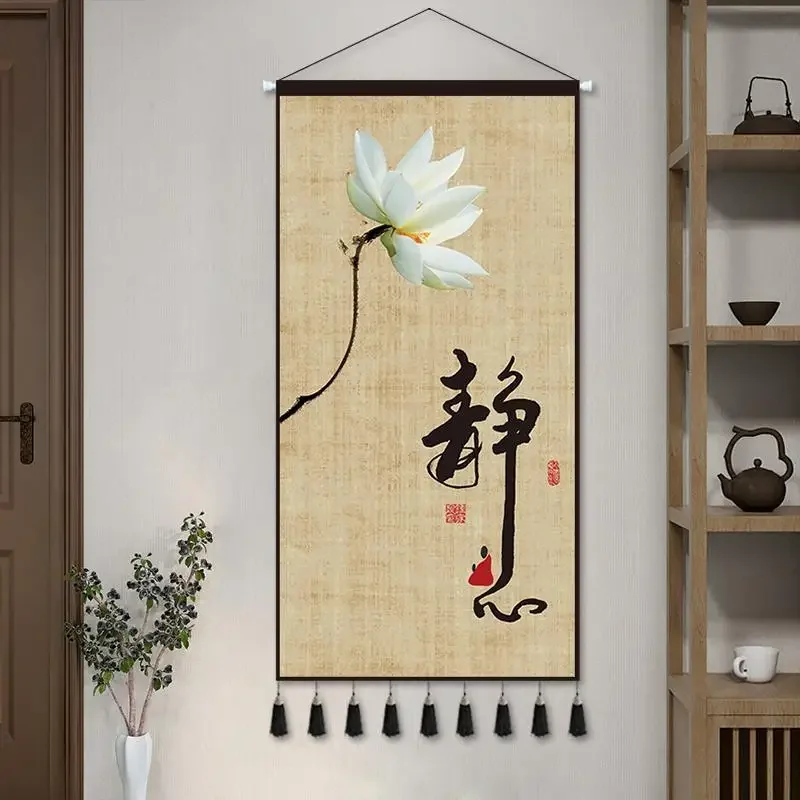 

Chinese Style Zen Scroll Paintings Lotus Living Room Office House Decoration Room Decor Aesthetic Tapestry Wall Hanging Poster