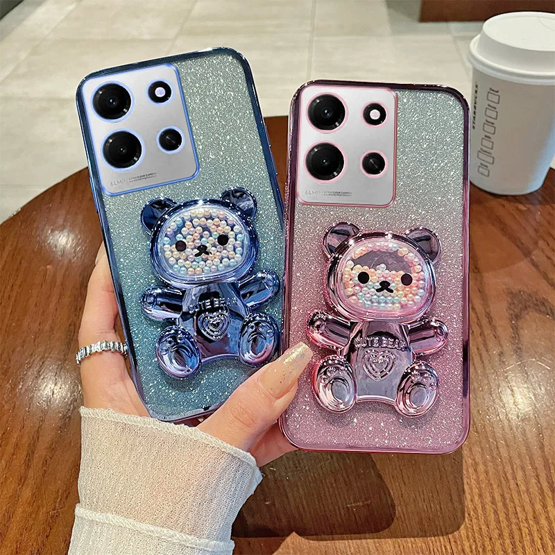 

Note 30i Case For Infinix Note 30i Luxury Gradient Glitter Plating Quicksand Beads Cute Bear Holder Case Cover Note30i 30i