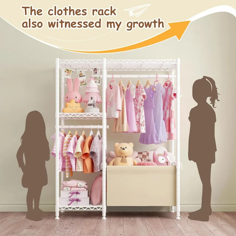 Clothes Rack Small with Shelves for Kids Students Children, Adjustable Girls Garment Rack Boy Wardrobe Closet