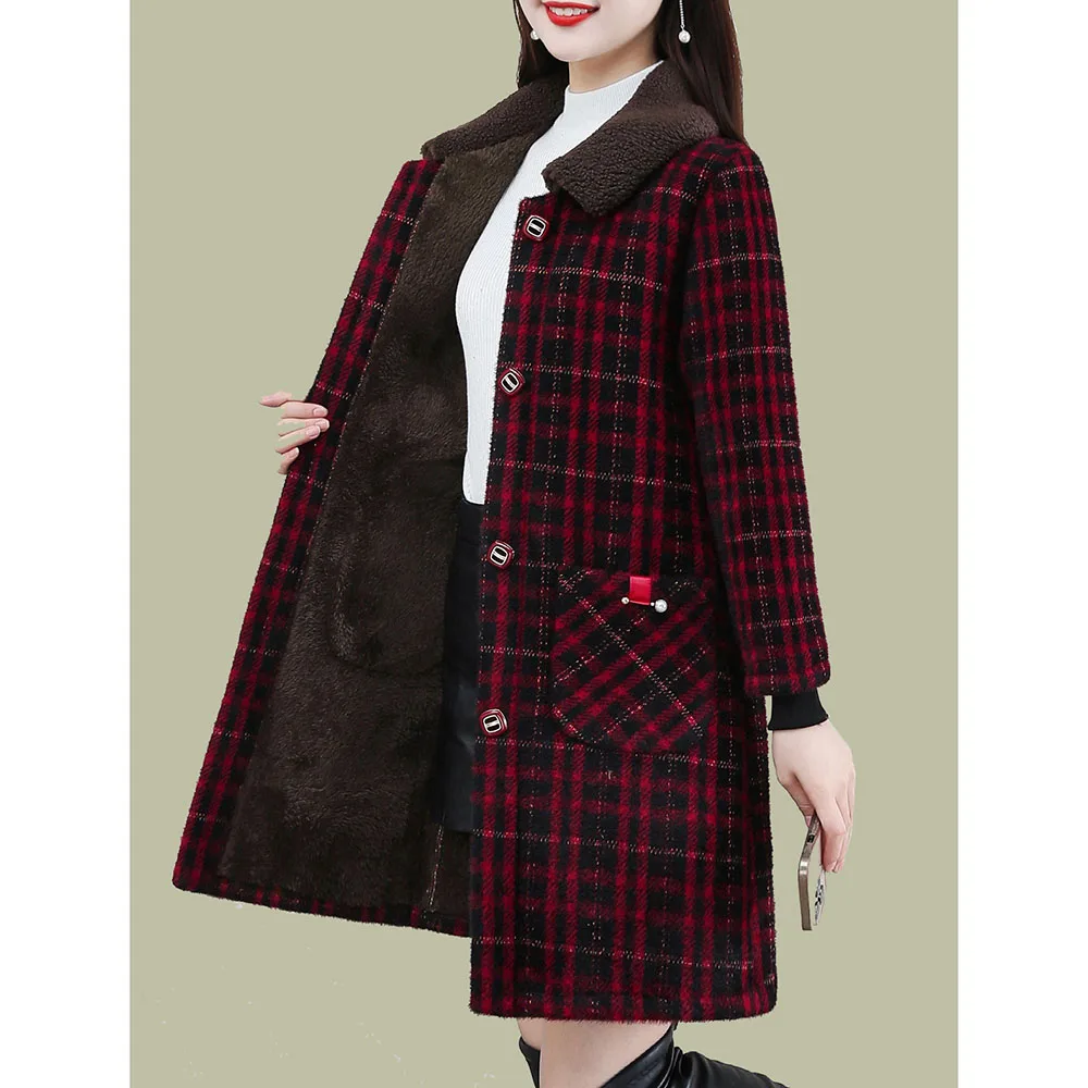 

Mother's Winter Long Thicken Imitation Mink Cashmere Coat Middle Aged Women Plush Knitted Cardigan Plaid Woolen Jacket XL-6XL