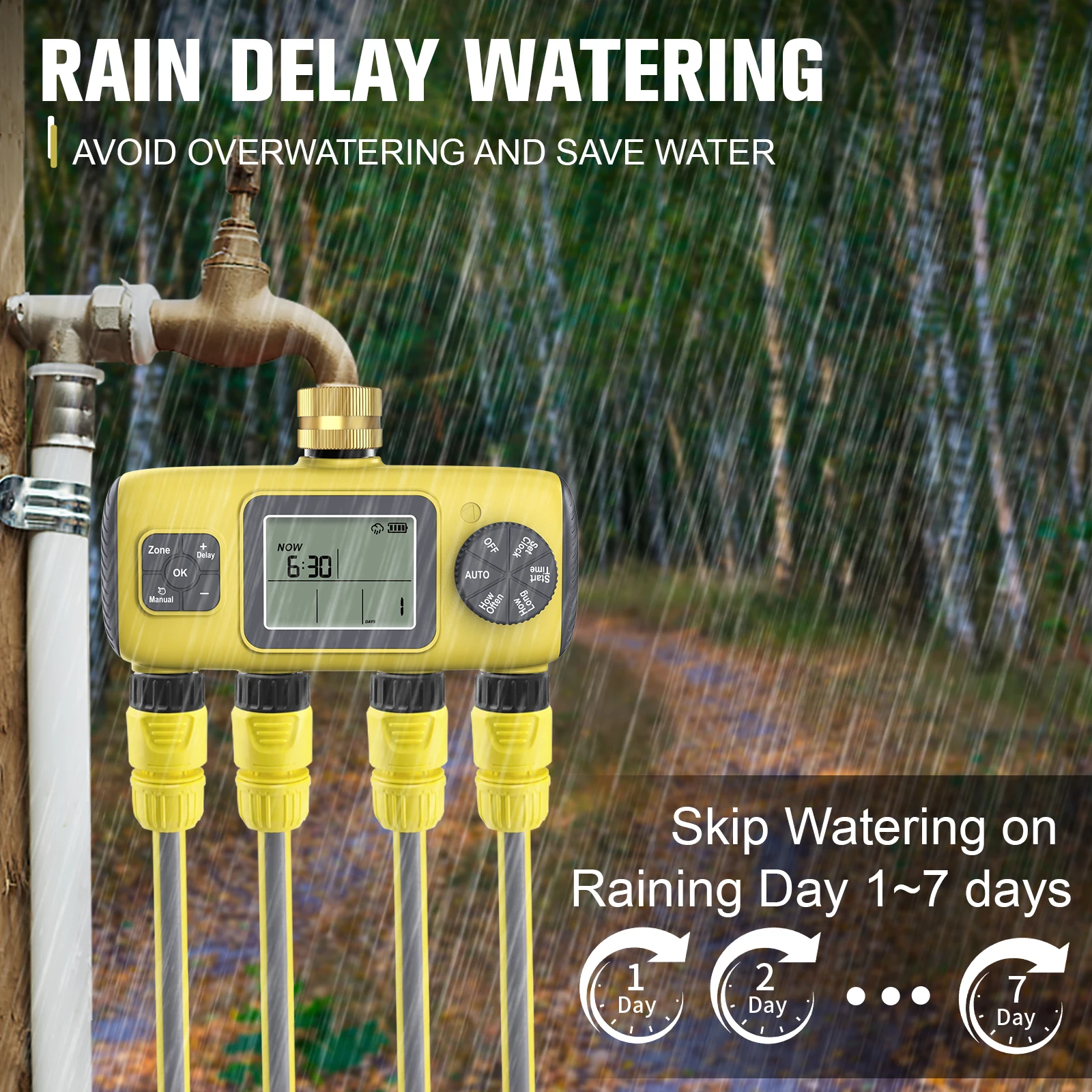 Water Timer for Garden Hose 4 Zone/3 Zone Rain Delay Irrigation Controller Progr