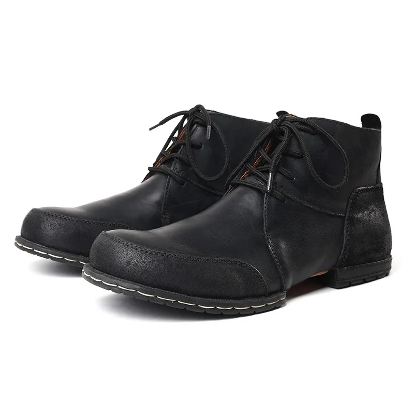 High Quality Men's Knight Boot Black Classic Ankle Boots Men's Handmade Cowhide Shoes Retro Wedge Motorcycle Boots for Men