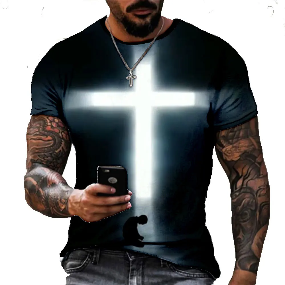 

New Men's T-shirts 3d Cross Print Short Sleeve Tops Cool Crucifix T Shirt For Man Oversized Tee Shirt Men Vintage Clothing