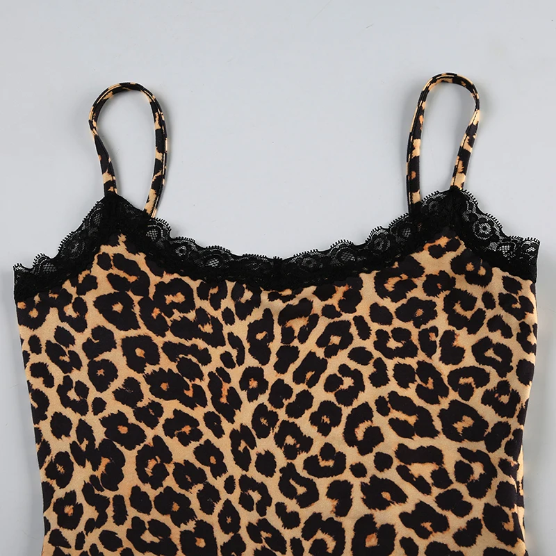 Sleeveless Skinny Sexy Leopard Rompers Contrast Lace Patchwork Camisole Bodys Women Vintage Rave Street Club Playsuit