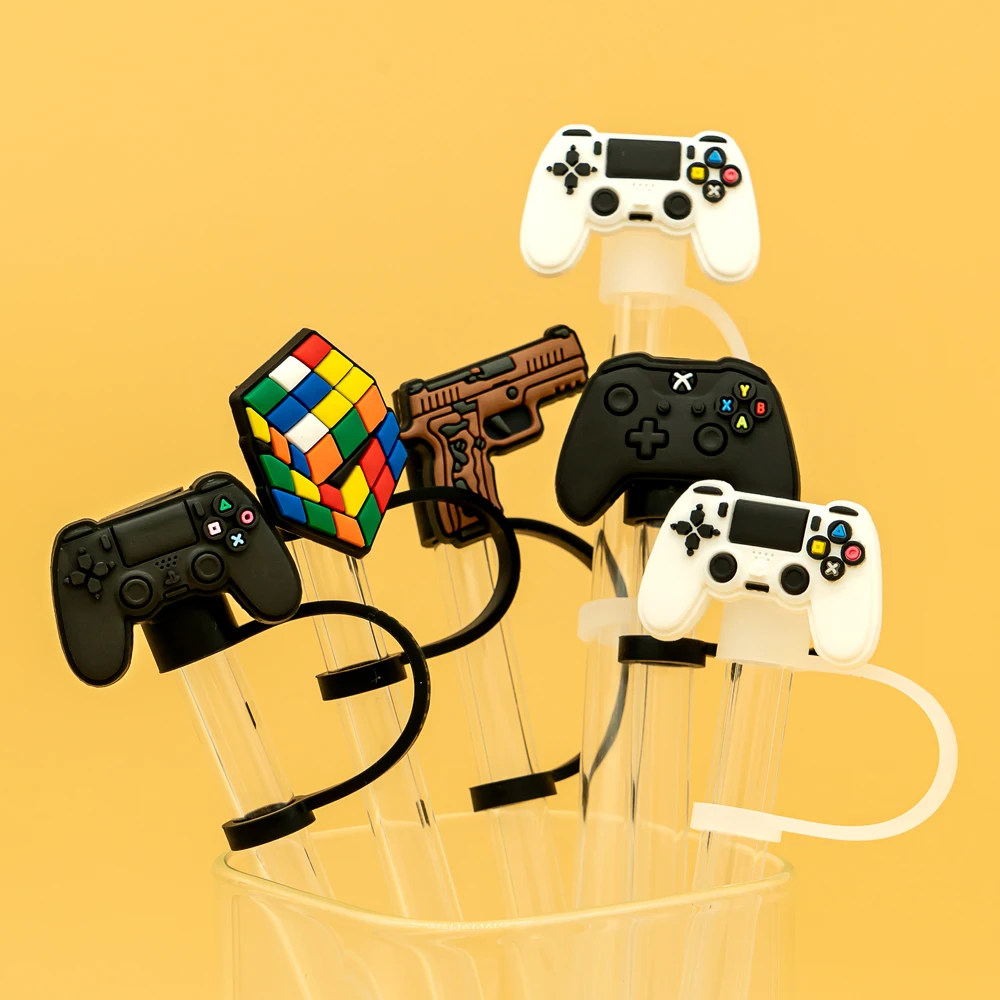 

1PCS PVC straw cover GamePad Toy pistol series straw topper Reusable Airtight Drinking Dust Cap Splash Proof Drinking Straw Tip