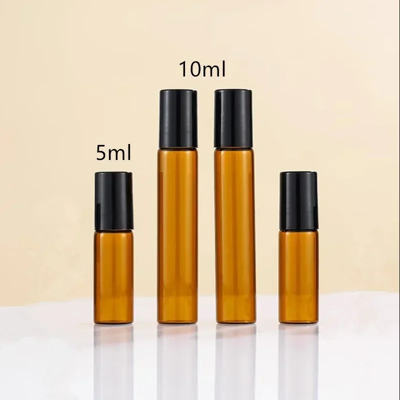 50 pz/lotto 5ML 10ML bottiglia di profumo in vetro ambrato rotolo vuoto su flaconi Roller Ball fiale di olio essenziale riutilizzabili