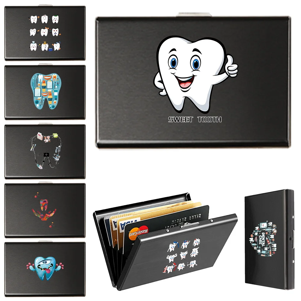 2023 Credit ID Smart Mini Card Holder Business Purse Push Case with Cover for Men Women Cute Teeth Pattern Printed ID Card Case