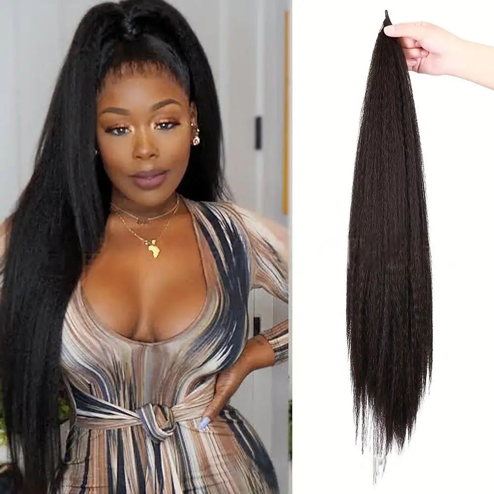 Synthetic Hair Extensions, Natural Black Kinky Straight Drawstring Ponytail Long Hair for Women