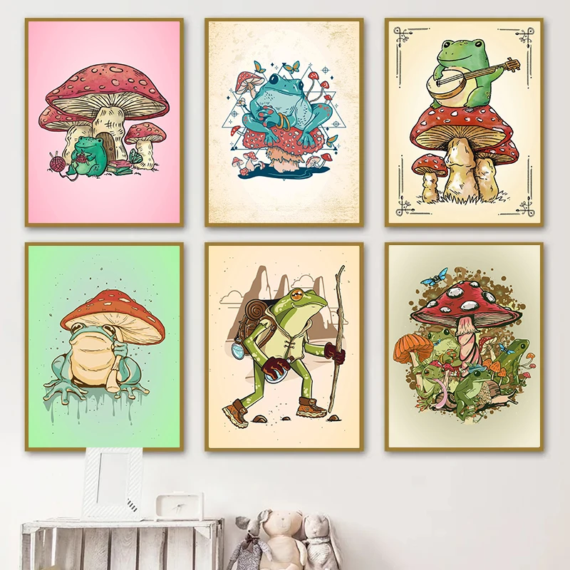 

Cute Hiking Cottagecore Frog Music Posters Canvas Painting Vintage Cartoon Wall Art For Modern Kid Room Home Decoration