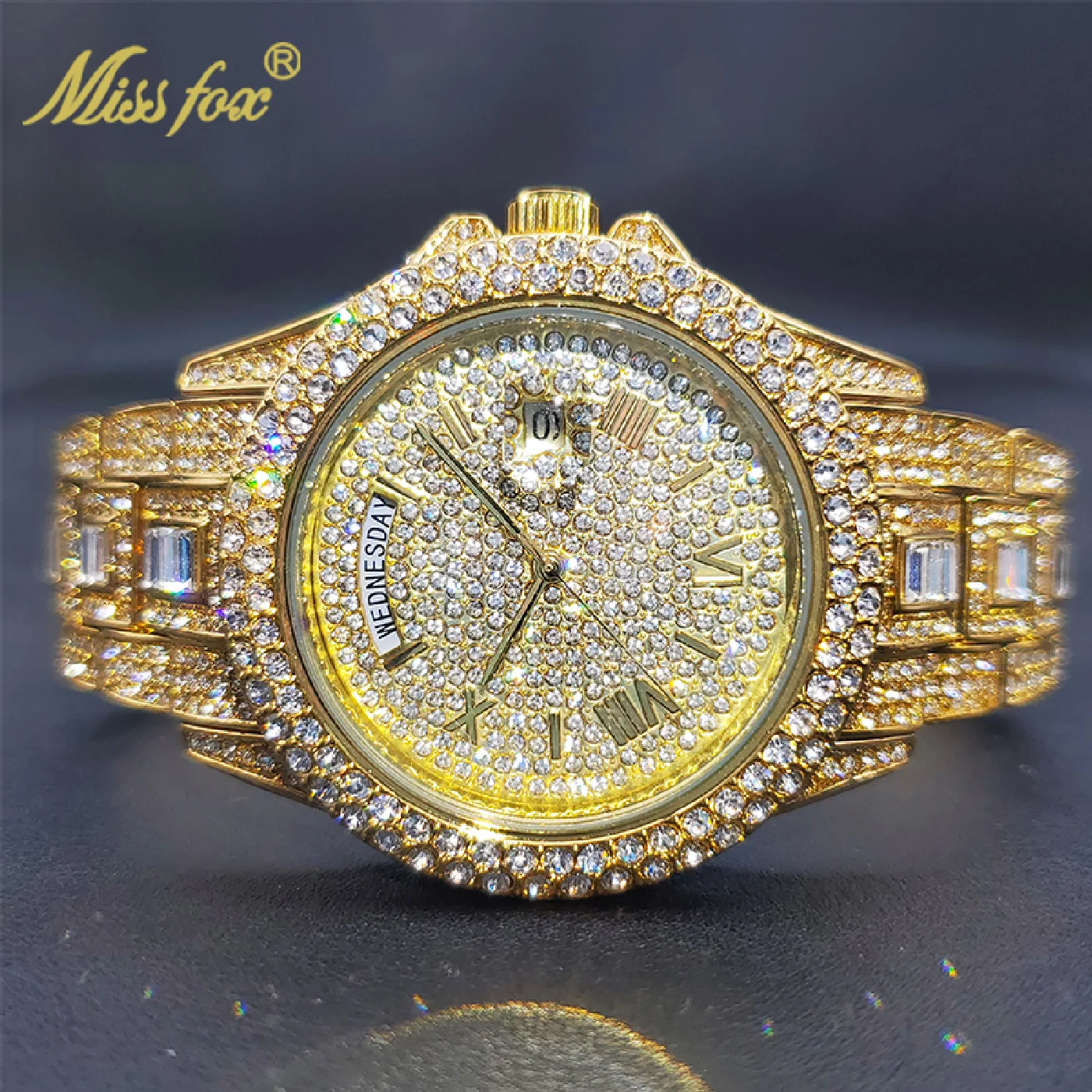 

MISSFOX 18K Gold Men Luxury Designer Watch Diamond Date Day Just Ice Out Quartz Watches Dropshipping