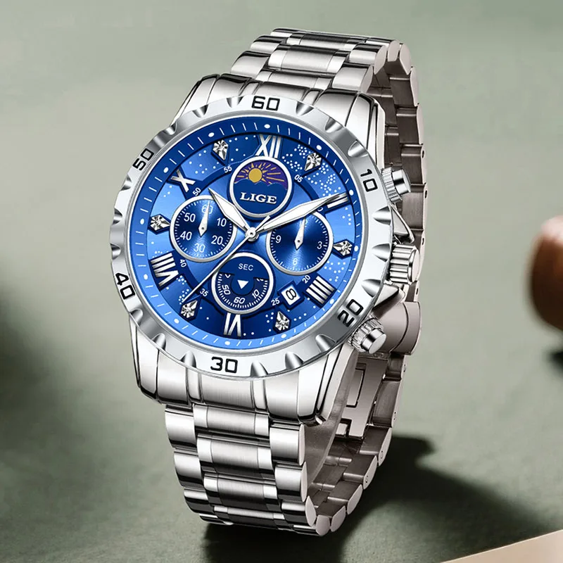 LIGE New 24 Hour Moon Phase Watch Men Fashion Sports Men Watch Waterproof Stainless Steel Luminous Quartz Wristwatches For Men