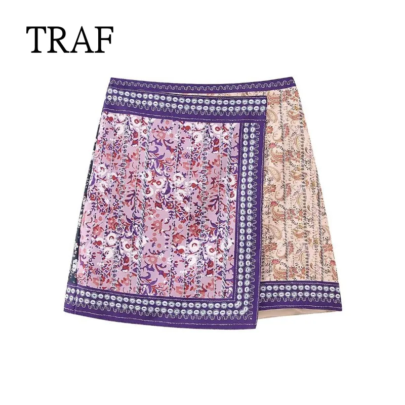 

TRAF Short Skirt Women 2023 Vintage Print Asymmetric Skirts Women Clothing Korean Fashion High Waisted Mini Skirt Summer