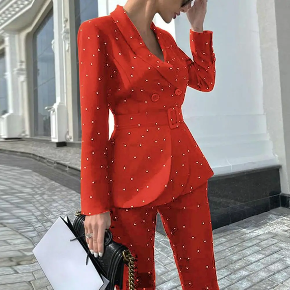 

Winter Women Suit Formal Business Style Women's Coat Pants Set with Belted Tight Waist Long Sleeve V Neck Dot Print for Ol