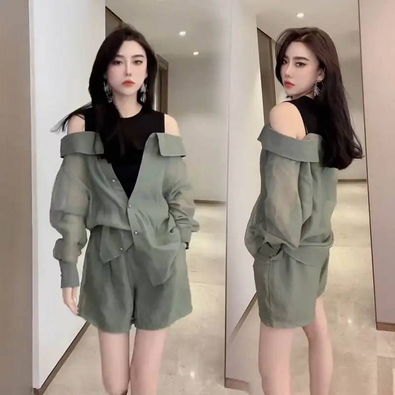 Fashionable and Popular Western-style Fake Two-piece Off Shoulder Thin Long Sleeved Top+casual Wide Leg Shorts Two-piece Set
