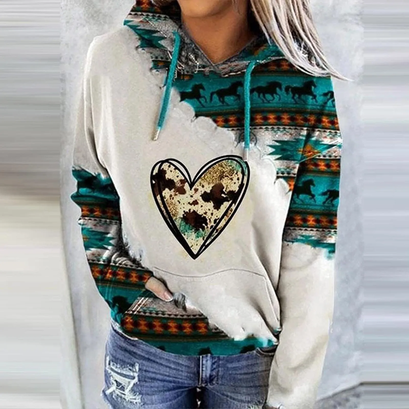 Womens Casual Geometric Horse Print Long Sleeve Drawstring Pullover Tops, Ethnic Style Hooded Sweatshirt 2