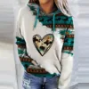Womens Casual Geometric Horse Print Long Sleeve Drawstring Pullover Tops, Ethnic Style Hooded Sweatshirt 2
