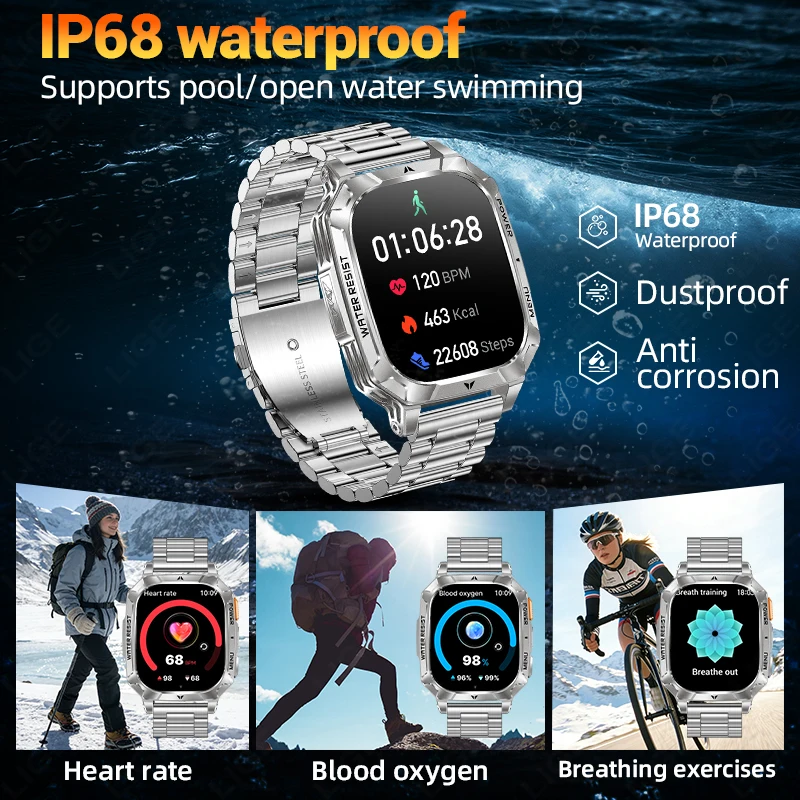 LIGE New 1400mAh Battery Watch 2.01" HD Large Screen Waterproof Men's Watches Sports Fitness Bluooth Call Smart_voghion.com