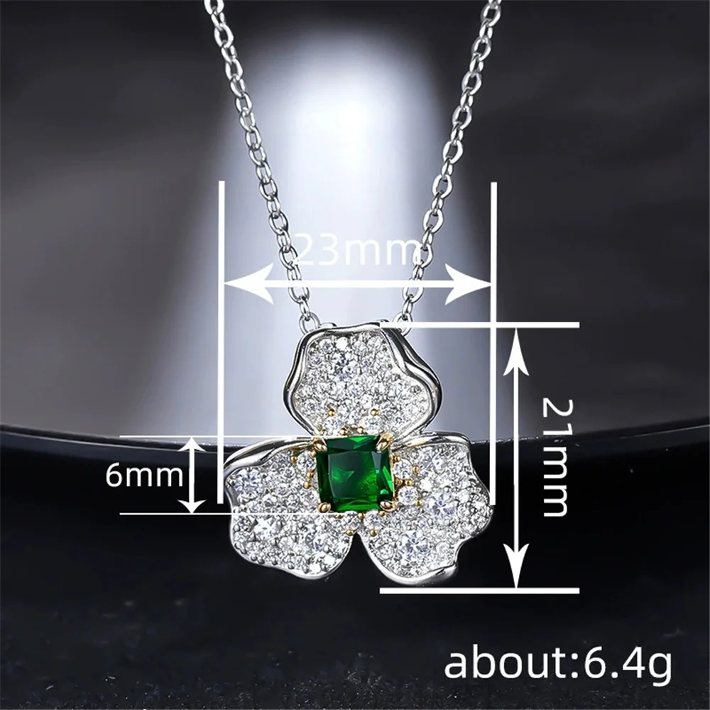 Female Luxury Crystal White Green Stone Pendant Necklace Vintage Silver Color Wedding Jewelry For Women