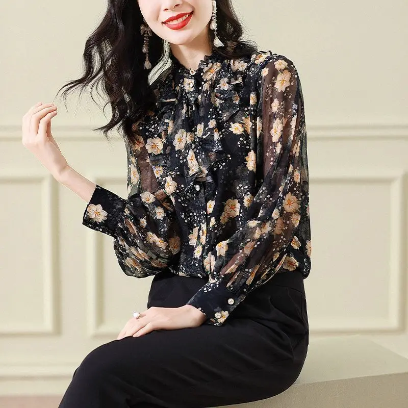 2023 New Spring and Summer Unique Standing Neck Print Reduced Age Ruffle Edge Single Breasted Cardigan Casual Loose Fit Shirt